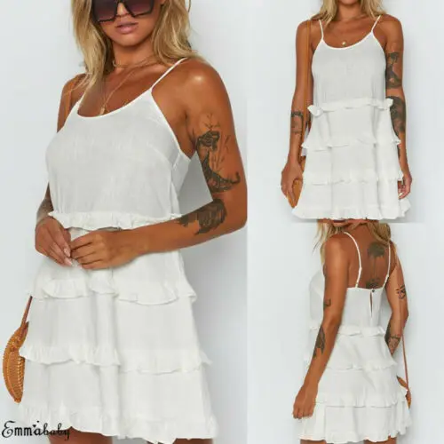 Women Casual Sleeveless Frill Party Beach Dress Strappy Short Mini Ladies Cotton Solid Loose Dresses Female Clothing | Женская одежда