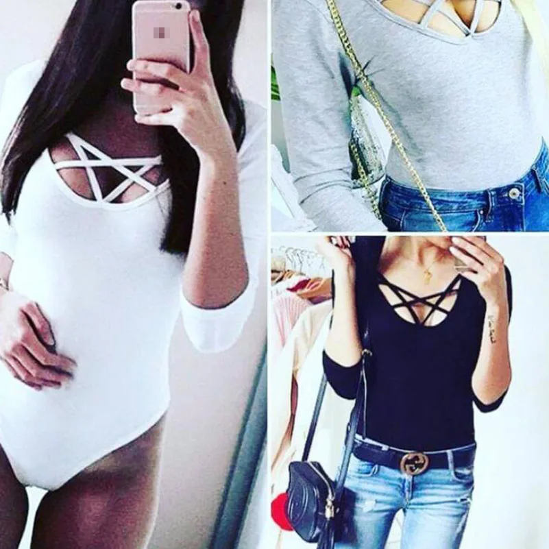 Хлопок с длинным рукавом боди v-образным вырезом бинты Тонкий Bodycon Сексуальная 2018