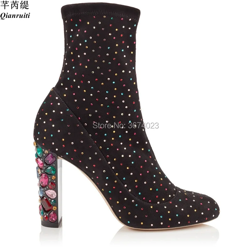 

Qianruiti роскошные ботинки со стразами женские полусапожки украшенные драгоценными камнями на блочном каблуке без застежки короткие ботинки ...
