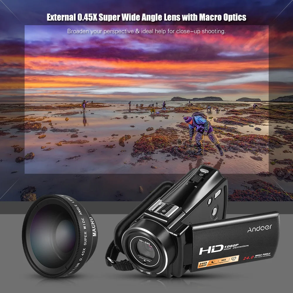 Andoer HDV-V7 PLUS видеокамера 1080P Full HD 24MP Портативная Цифровая ночное видение + 0.45X