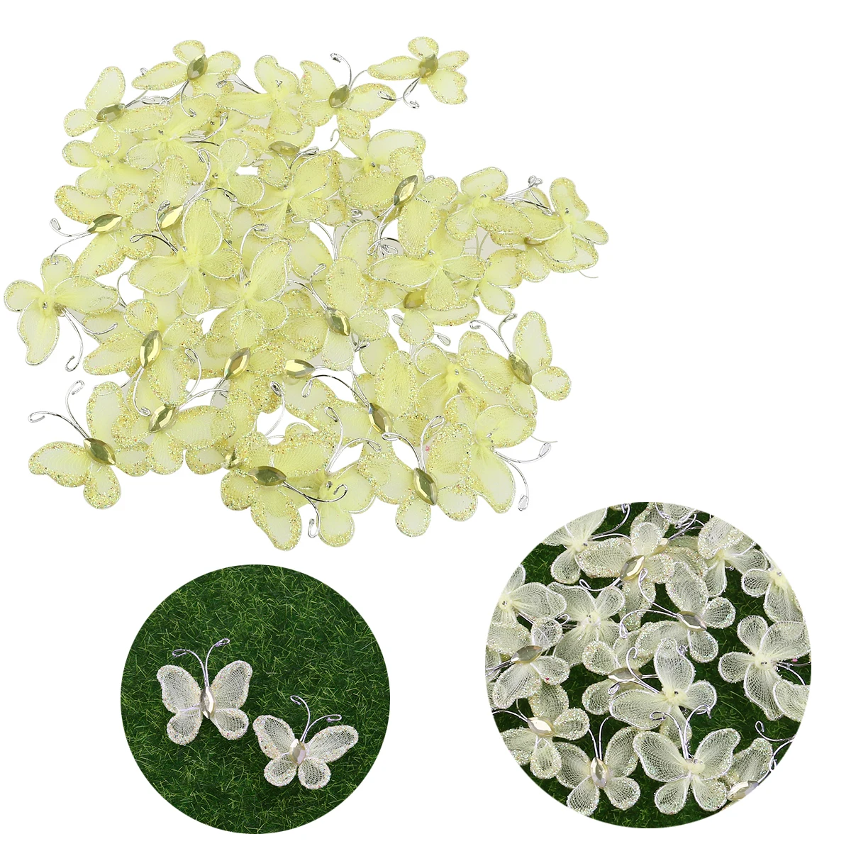 50pcs Sheer Mesh Wire Glitter Butterfly with Gem (Yellow) | Дом и сад