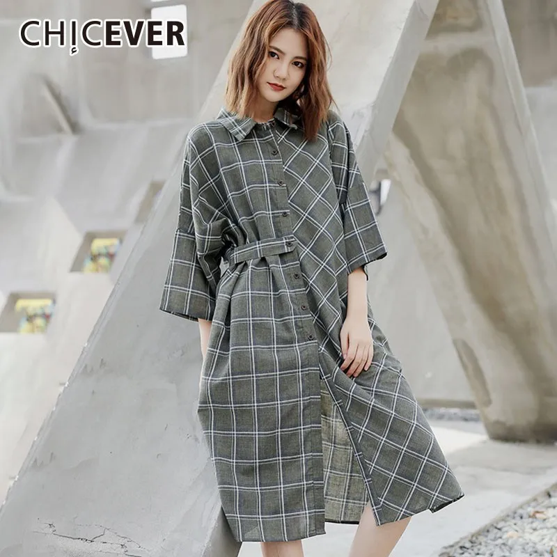 CHICEVER 2019 весеннее клетчатое женское платье с лацканами рукав три четверти свободные платья для женщин модная