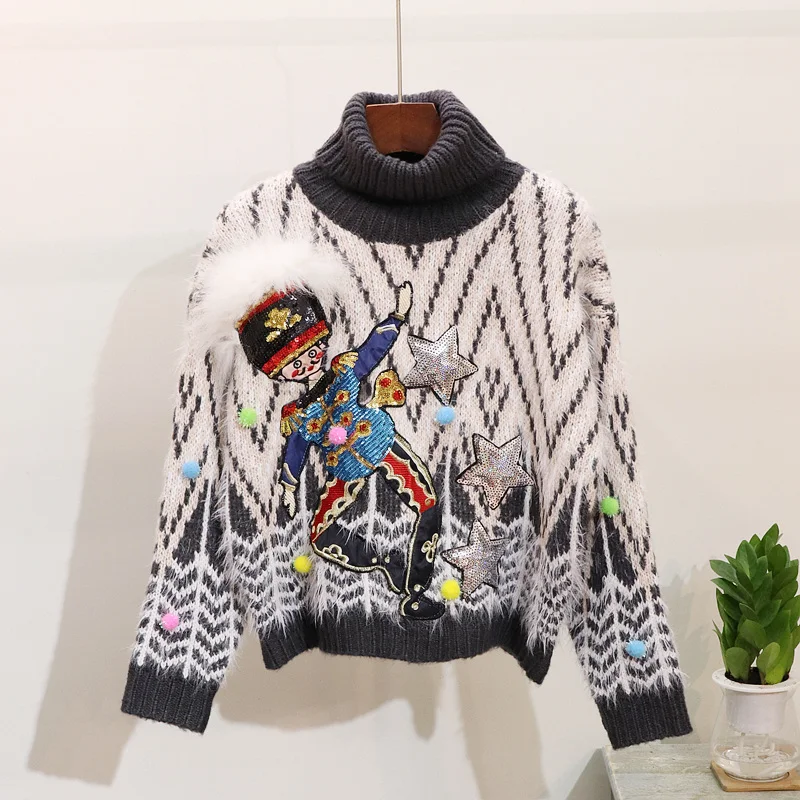 2018 Winter Casual White Knitted Sweater Pullovers Women Runway Designer Cartoon Sequins Female Sweet Striped Jumper Clothing | Женская
