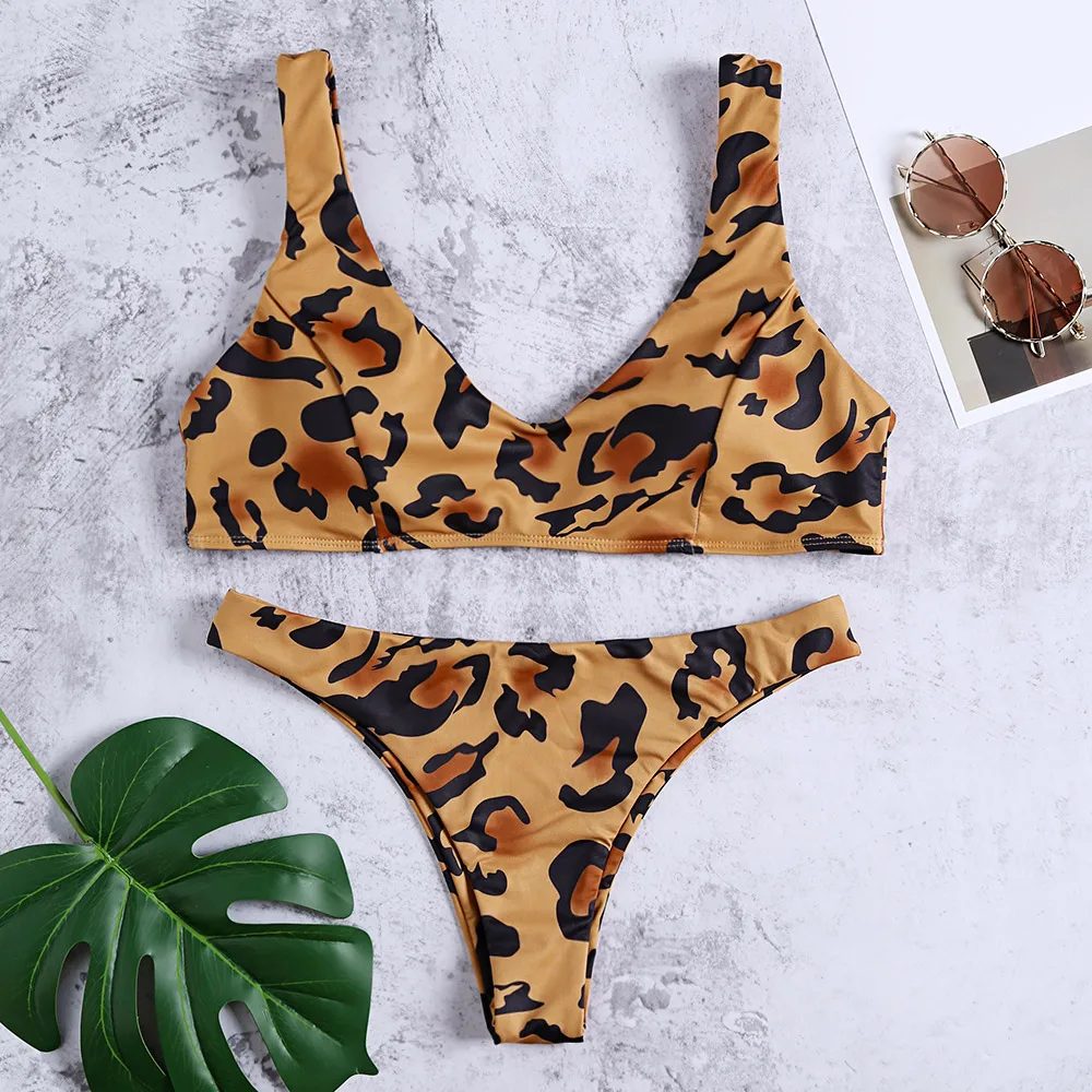 2019 Sexy V Neck Backless Women Swimsuit Bikinis Padded Leopard Print Low Waist Two-piece Female Bikini Set |