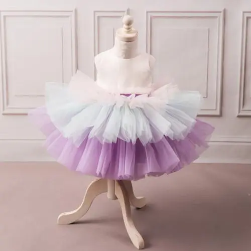 New Fancy Flower Girl Dress Princess Kids Baby Sleeveless Bowknot Three Colors Patchwork Tutu Party Birthday Gown Formal | Детская