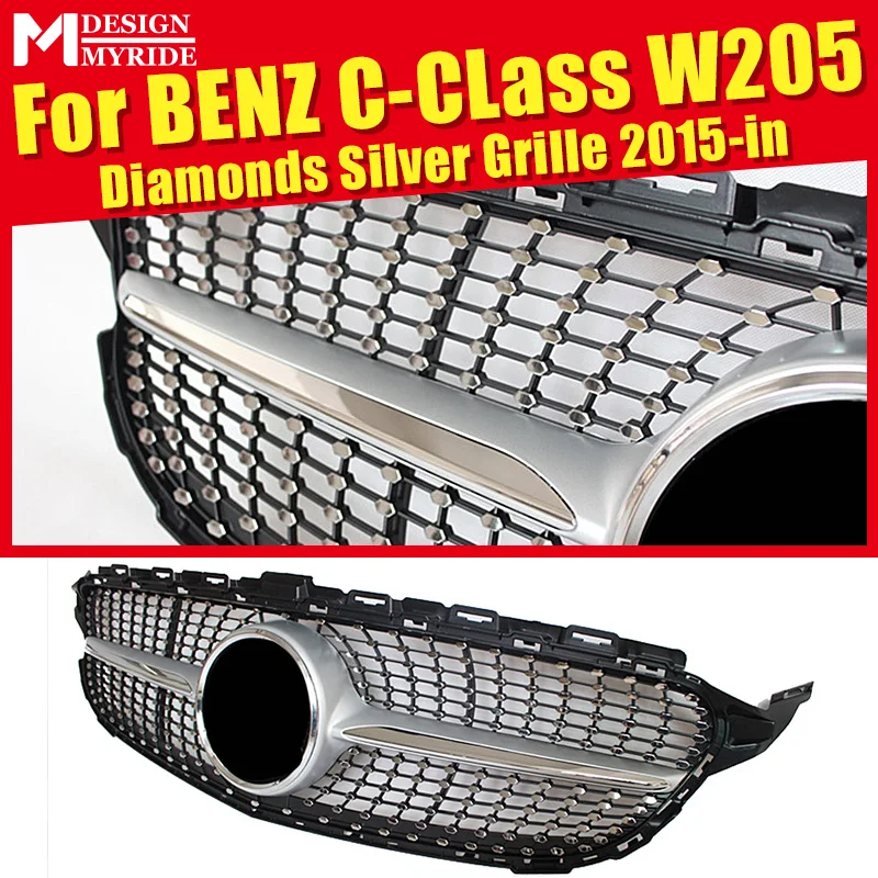W205 Grills Grill подходит для c класса Sport C200 C250 C300 ABS Silver без знака Решетка переднего