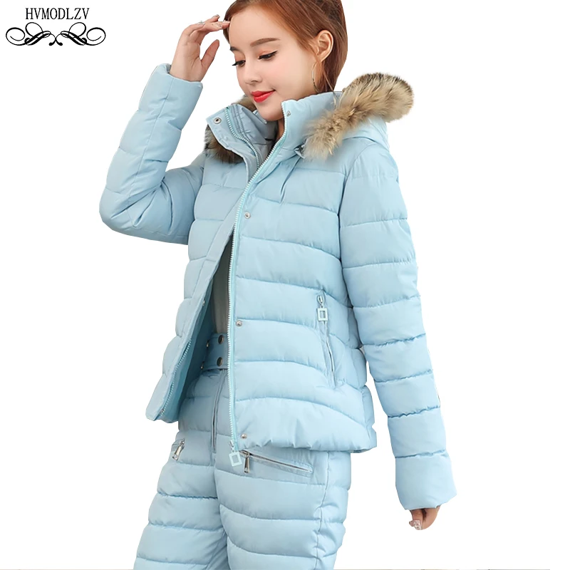 

Winter Cotton Jacket Suit Two-piece Set 2019 New Detachable Hat With Fur Collar Coat Long Pants Fashion Suit Two-piece Set HJ203