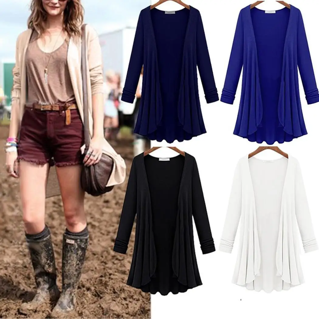 Women Casual Open Front Long Sleeve No Draped Hem Solid Spring Knit Slim Party Pleated Cardigan |