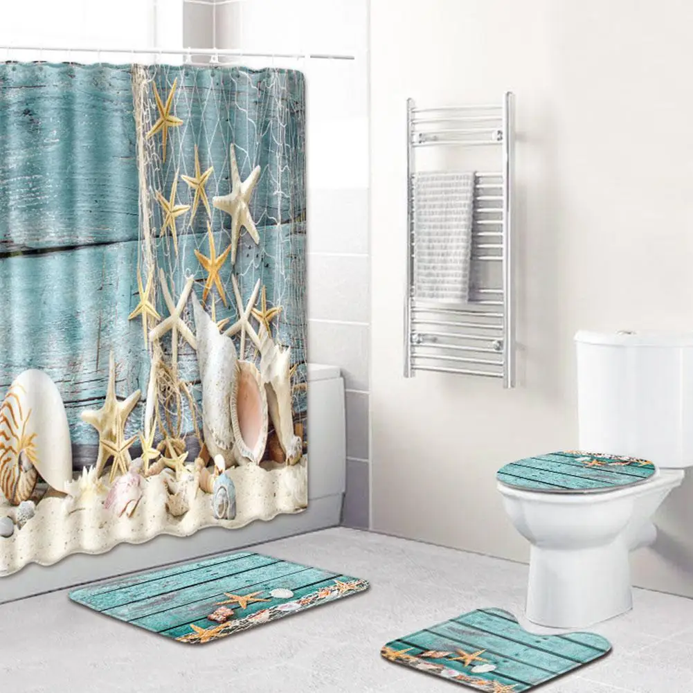 

LanLan 4Pcs/Set Conch Pattern Nonslip Toilet Pad Cover Bath Mat Flannel Shower Curtain Set