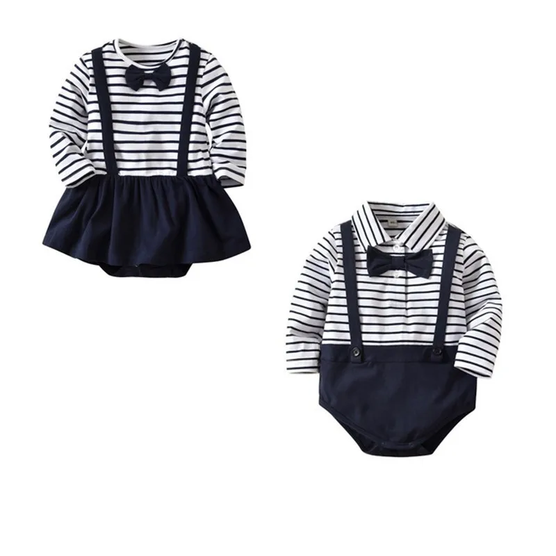 

Новинка 2019, модные детские комбинезоны, весенние хлопковые полосатые платья с длинными рукавами для маленьких девочек, вечерние комплекты ...