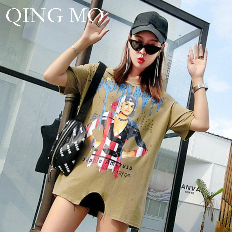 QING MO хаки футболки женские топы с принтом персонажей 2018 летние больших размеров