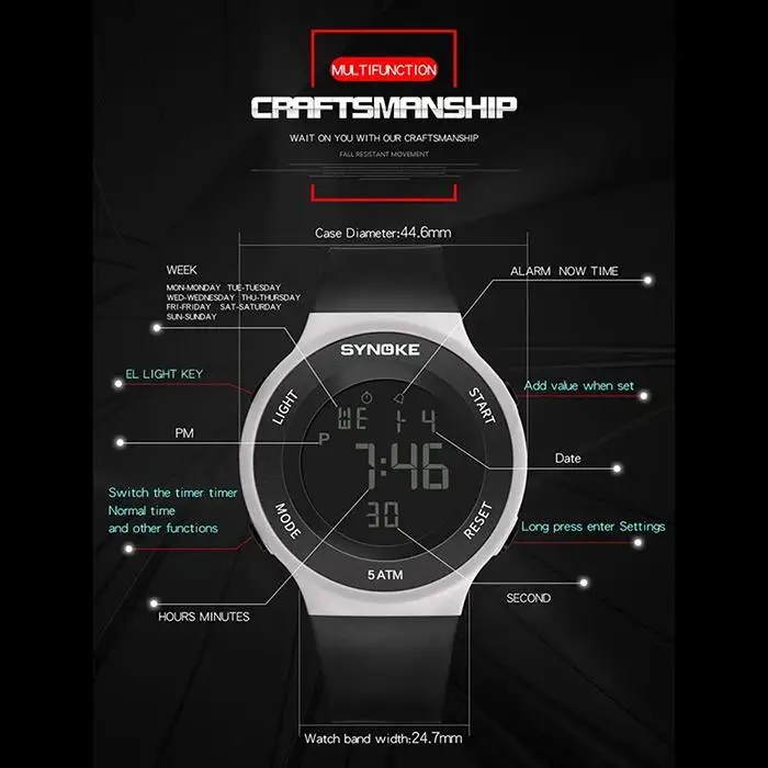Светящиеся часы для мужчин Multi function большой экран дисплей сигнализации 44 6 мм