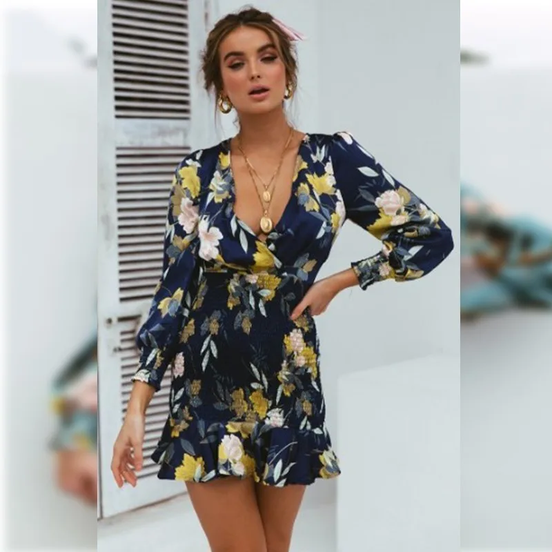 Цветочное Макси пляжное платье женское летнее 2019 модное с v-образным вырезом