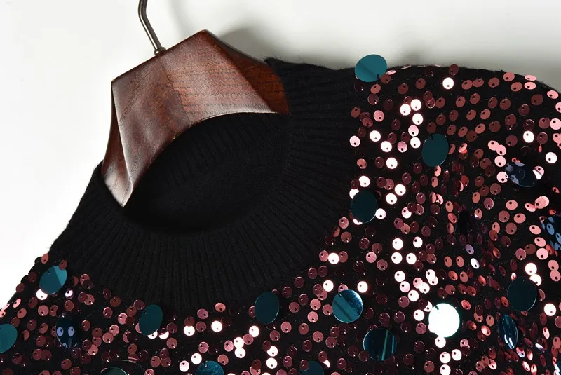 2018 Winter New Shiny Sequined Knit Sweater Fashion Glitter Women Sweaters and Pullovers Bling O-neck Black Lady Tops | Женская одежда