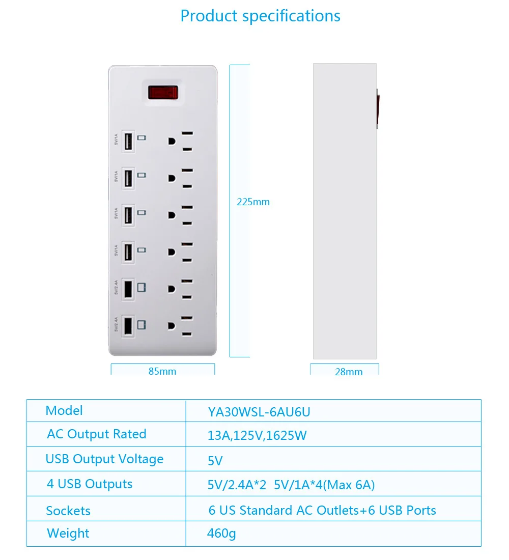 Розетка LEORY 5 в А 4 розетки переменного тока 6 удлинителей USB защищенный удлинитель