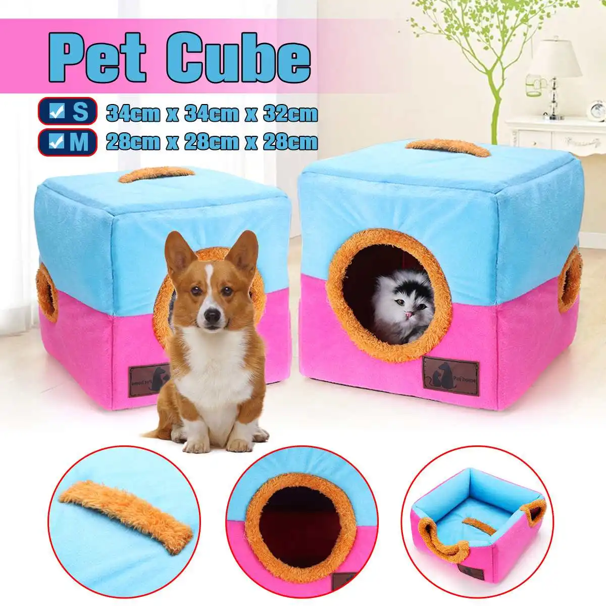 S/M Размеры Собака Кошка Кровать дом портативный питомник собачка Cube пещере уютная Подушка Pad