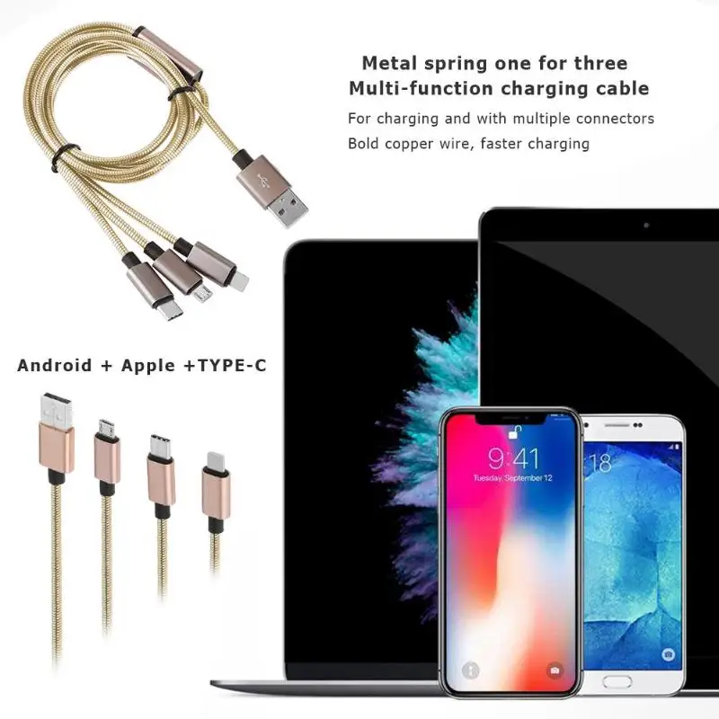 3 in 1 Metal Spring Micro USB 8Pin Type-C 1.25m 2.4A Charging Data Cable | Электроника