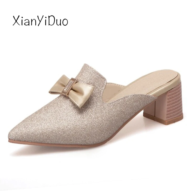 XianYiDuo/Новинка лета 2019 женская обувь шлепанцы на среднем каблуке с закрытым носком