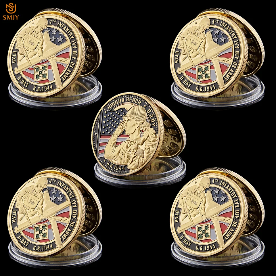 

5Pcs 1944.6.6 WW II Infantry Ivy Div US Army Gold Utah D-Day Military Challenge Memorial Coin Collectibles Gift W/Holder