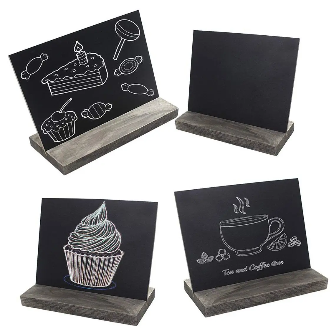 

15.3x12.7x4.6cm Mini Tabletop Chalkboard Signs with Rustic Style Wood Base Stands, Set of 4,Include 3x chalks