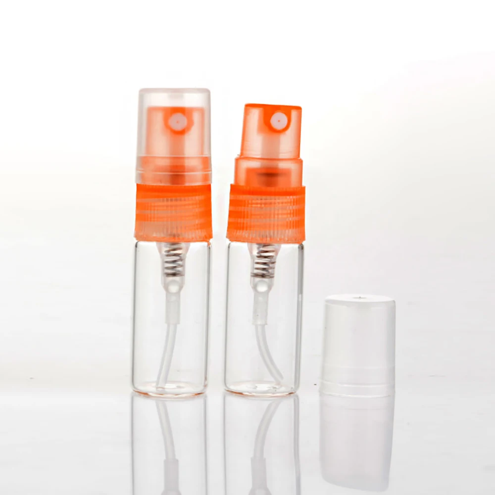 Portable 2ml transparent glass bottle perfume with orange plastic pump, travel tool spray bottle