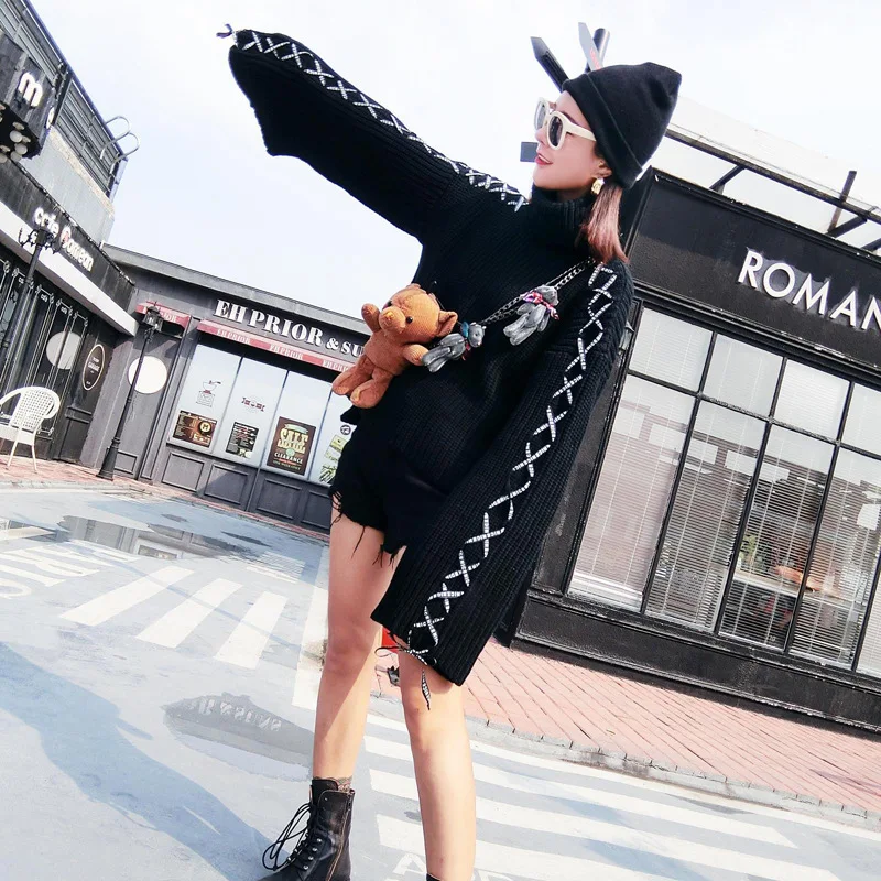 Qing Mo 2018 Autumn And Winter Female Fashion Doll Bear Tie Sweater High Collar Loose Hood Long-sleeved Knit WY007 | Женская одежда