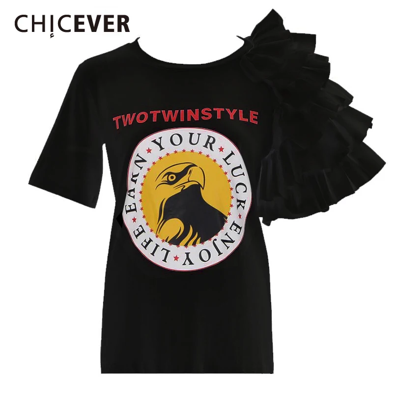 CHICEVER летние женские футболки с буквенным принтом топ коротким рукавом и оборками