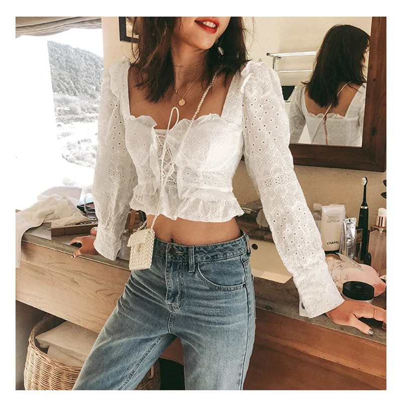 Summer 2019 New Arrival Sexy Women White Lace Tops Shorts Mini Cute Elegant Slash Neck Lady Party Holiday Blouses Clothes |