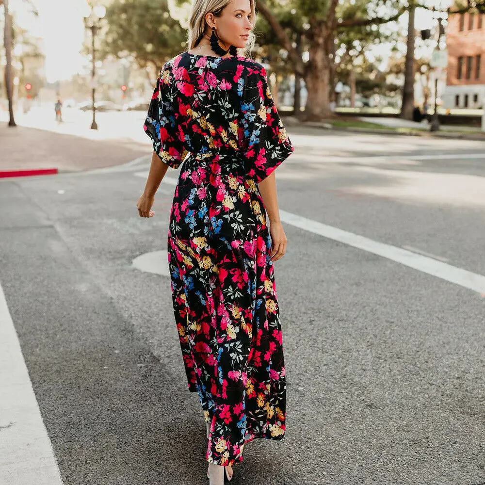 

Women Floral Print Short Sleeve Dress Ladies Boho Long Maxi Summer Evening Party High Waist V-Neck Casual Long Sundress