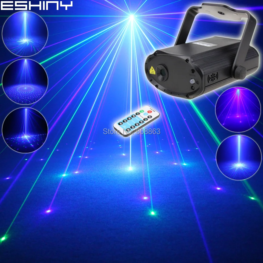 ESHINY Remote MINI Blue Green Laser 8 Big Patterns Projector DJ Dance Disco Bar Family Party Lighting Effect Light Show T176D3