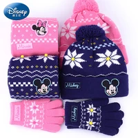 genuine disney 3 pieces set fashion snow glove for kids new girl minnie children winter warm baby gloves with knitting scarf hat