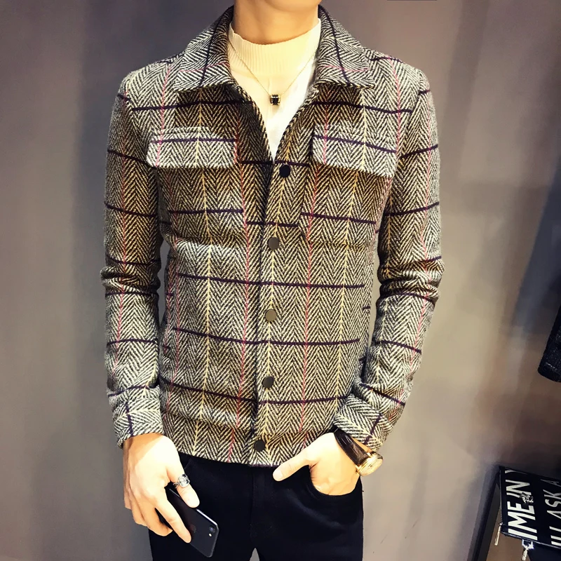 Шерстяные куртки мужские клетчатые бомберы винтажные Jaqueta Masculina Slim Fit 2018 зимние