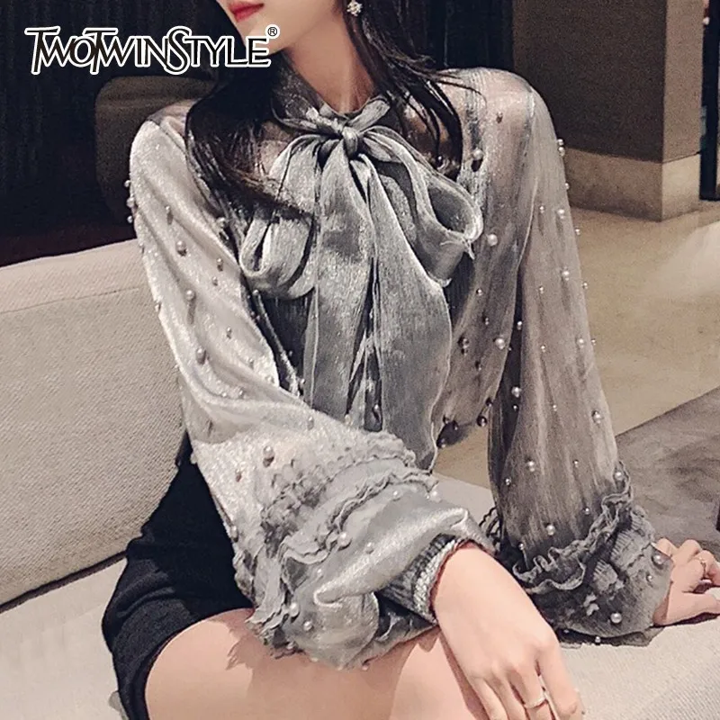 TWOTWINSTYLE Бисероплетение Лоскутные шифоновые рубашки блузка для женщин бант на