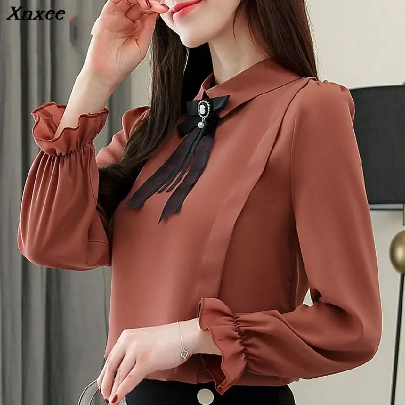 

Chiffon women blouses shirts plus size blusas mujer de moda 2020 office lady blouse flare long sleeve feminine clothes Xnxee