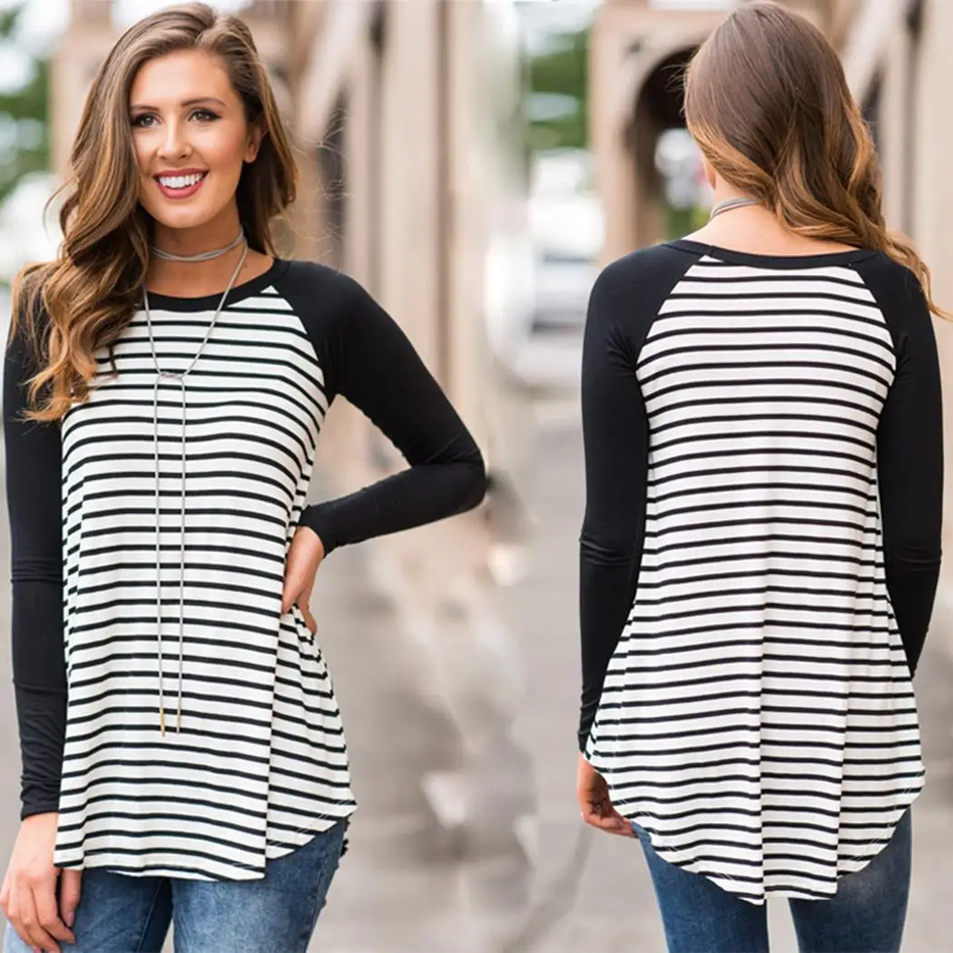Женская Повседневная футболка с круглым вырезом и длинным рукавом полосатым
