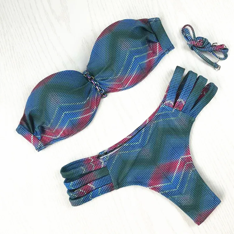 2018 Sexy Beach Bandeau Swimsuit Bandage Bikini Set Flower Print Bathing Suit Women Brazilian Push Up Padded Femme Swimming Suit