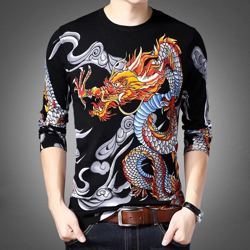 Мужской свитер облегающий с принтом Dragon Erkek Kazak Sueter Hombre 2019 | Мужская одежда