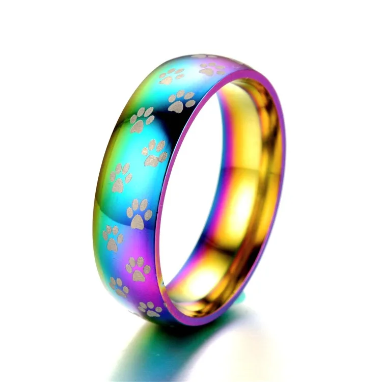 Fashion Stainless Steel Colorful Rainbow Cute Paw Printing Wedding Ring Women Men Jewelry | Украшения и аксессуары