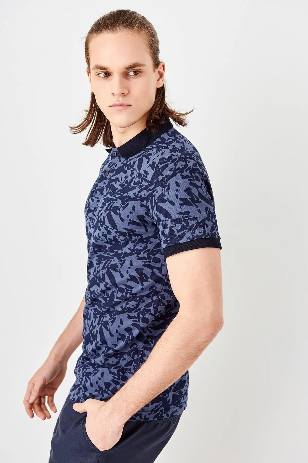 Trendyol Новый Индиго печатных Slim Fit Поло шеи Футболка TMNSS19HD0014 | Женская одежда