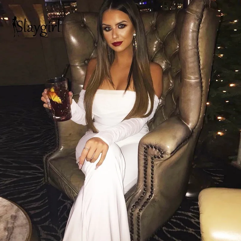 Женские комбинезоны с открытыми плечами Slaygirl белые вырезом лодочкой облегающие