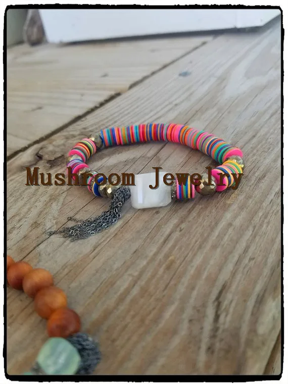 Bohemian African Vinyl Beads Heishi Bracelet Couple Paired Gold Polymer Clay Disc Stretch Bracelet Beach Surfer