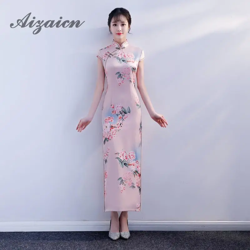 Fashion Silk Print Cheongsam Modern Qipao Long Traditional Chinese Dress Oriental Style Dresses Evening China Robe Longue Femme |