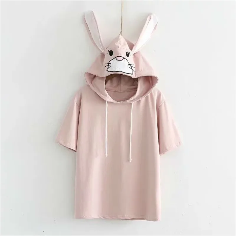 Женская футболка с капюшоном и длинными ушками милая розовая кроликом Kawaii
