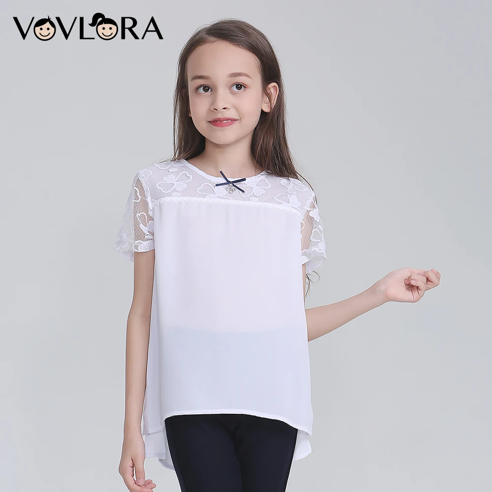 Vovlora Школьная блузка для девочек белый цвет короткие рукава шифон круглый вырез