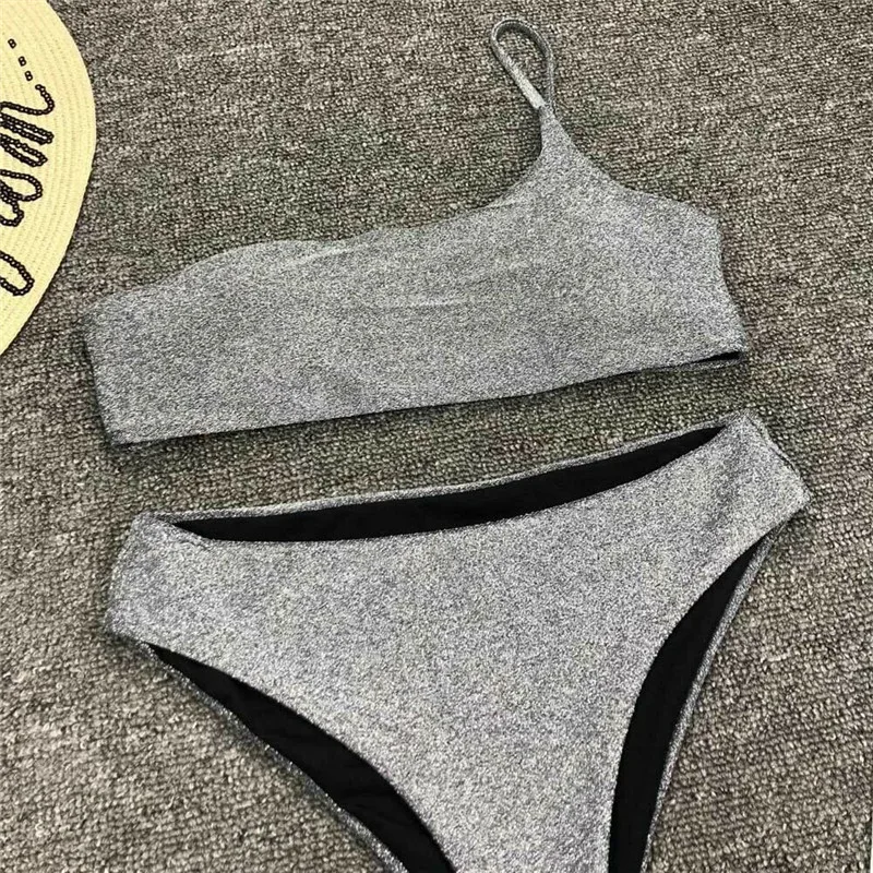 

Sexy Ladies One Shoulder Bikini Sets Sequins Silver/Gold Solid Bandage Push-Up Swimwear Swimsuit Triangle Bathing Suit Beachwear