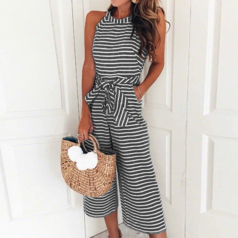 

2019 Fashion Femme Wide Legs Strip Playsuit Woman Casual Sleeveless Bow Sashes Elegant Jumpsuits Ladies Summer Overall Romper