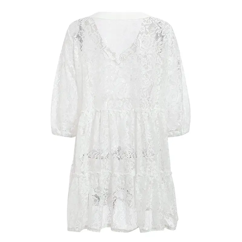 Turmeric Lace white beach dress cover up Sexy see through bikini cover-ups Flower v-neck 2019 new Tunic women's saida de |