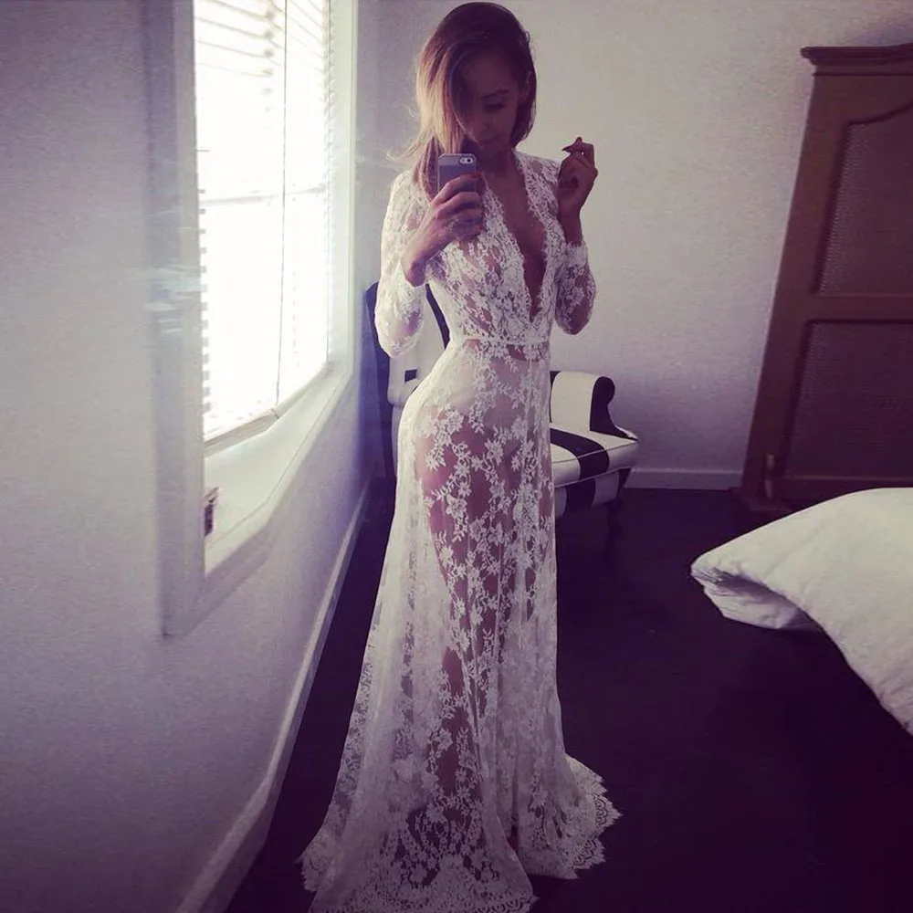 Women Lace Dress Sexy Deep V-neck Long-sleeved Perspective Tight-fitting Trailing Maxi Evening Party Large Size | Женская одежда