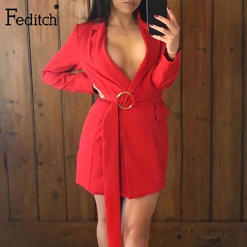 Feditch осенне-зимнее красное повседневное Клубное платье-футляр трапециевидной формы с глубоким v-образным вырезом и поясом, модные вечерние уличные платья