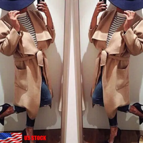 Fashion Womens Ladies Casual Long Sleeve Blends Collared Winter Peacoat Women Wool Coat Outwear Bandage Jacket New | Женская одежда